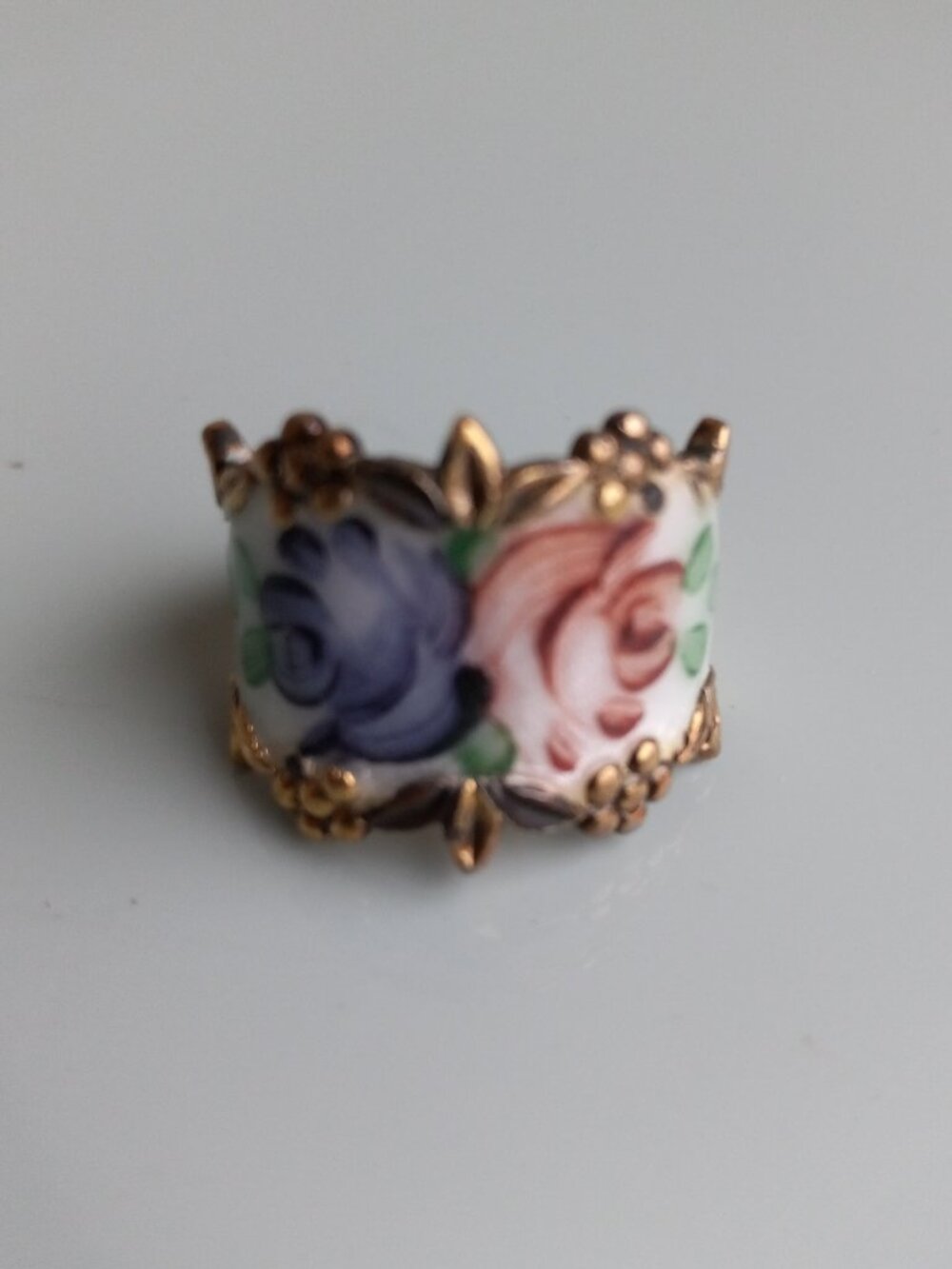 Vintage ESPO Joseph Esposito 18k HGE Gold Tone Enamel Rose Cigar Band Ring Sz 7